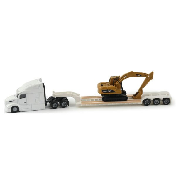 84423 Caminhão Peterbilt® 579 Branco 1:87 com Reboque Lowboy e Escavadeira Cat® 315C